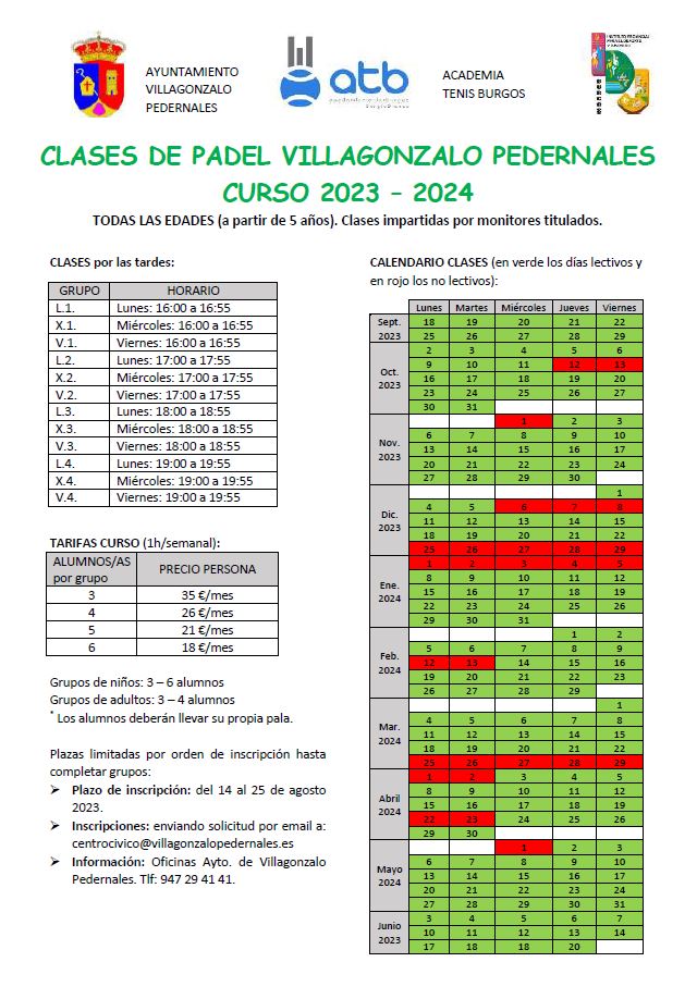 CLASES DE PADEL CURSO 2023/2024
