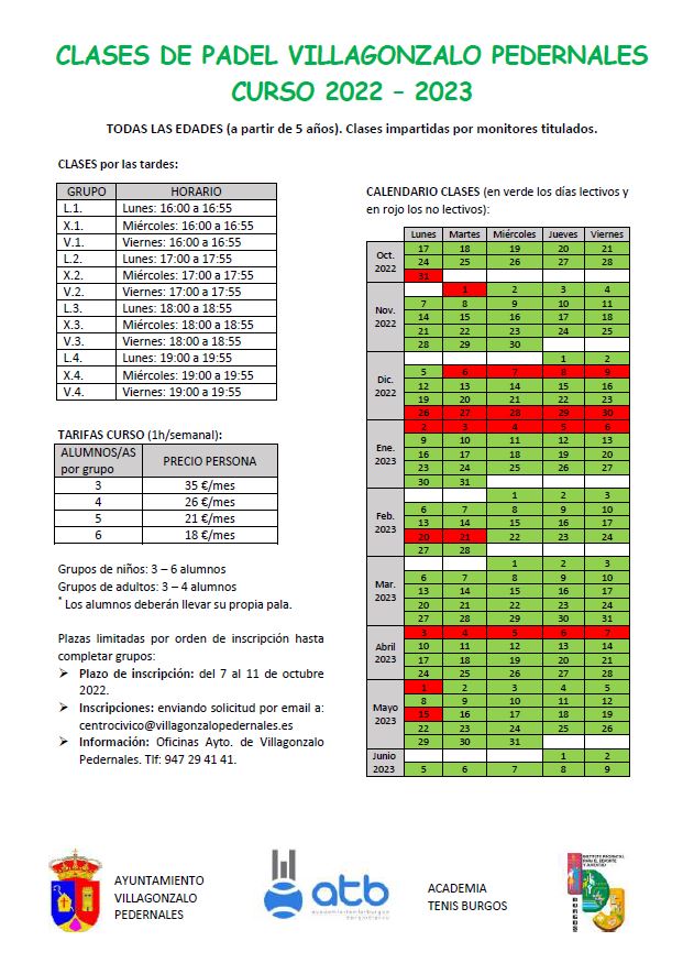 CLASES DE PADEL CURSO 2022 - 2023