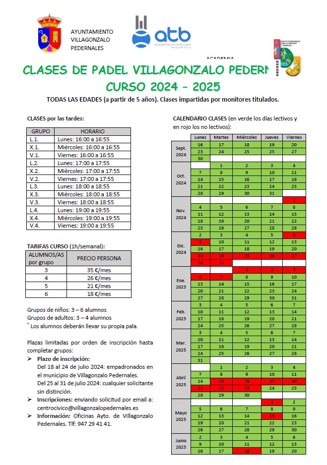 Información clases de pádel curso 2024-2025